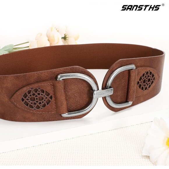 Women's Vintage Faux Leather Stretchy Wide Belt Chunky Buckle Elastic Wide Waist - Picture 6 of 6